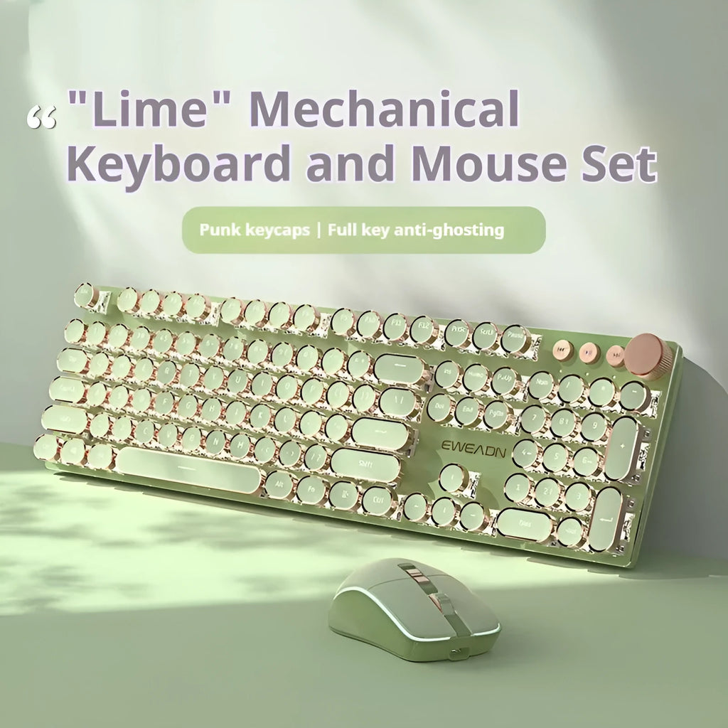 Aluminium alloy mechanical keyboard with white backlighting in matcha green colour, showing 87-key layout and multifunction knob.
