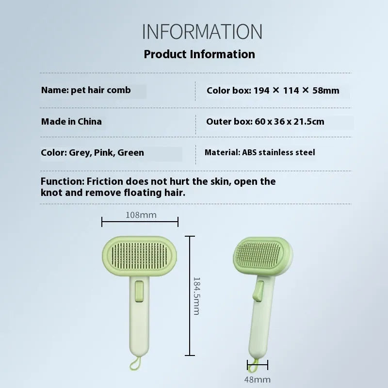 Large light grey pet grooming comb with stainless steel teeth and a built-in one-click shaver in the handle.