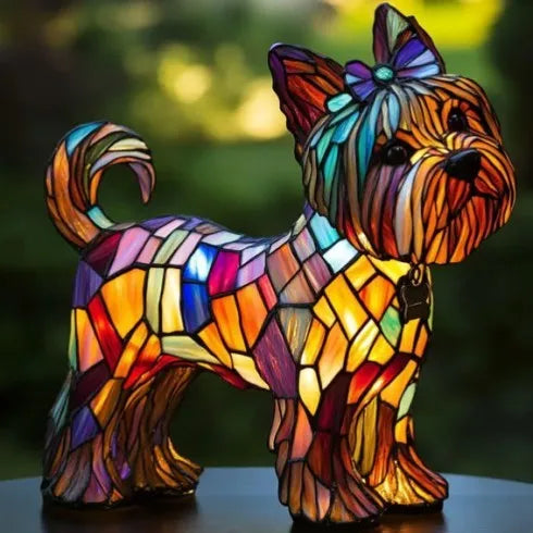 Colourful resin dog lamp decoration in pug shape, button battery powered, on a shelf