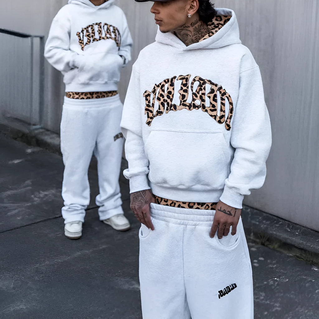 Leopard print letter embroidery street casual trousers hoodie set polyester three-piece suit black light gray