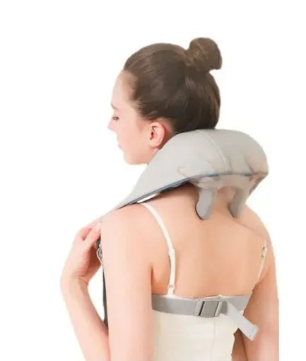 Milky white shoulder and neck massager with kneading mechanism and infrared therapy function