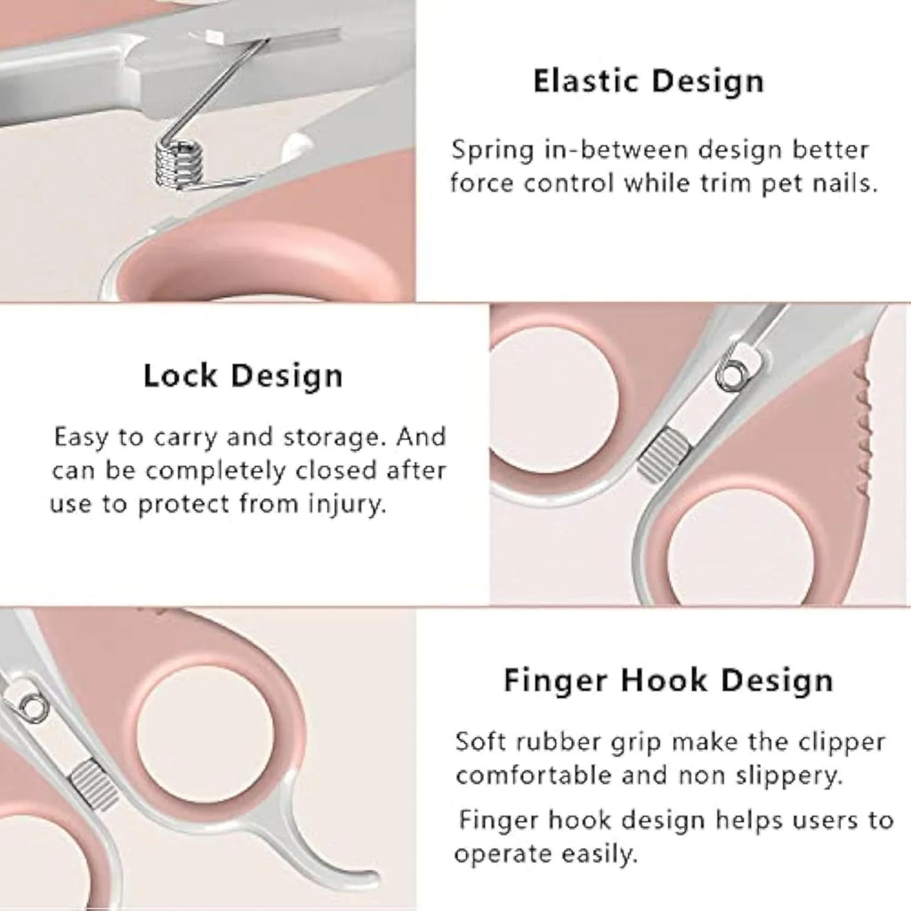 Grey and pink angled cat nail clippers with safety lock and rubberised handles.