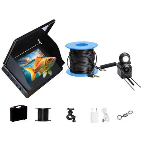 Underwater fishing finder camera with 4.3-inch screen, LED lights, and long cable for boat or ice fishing.