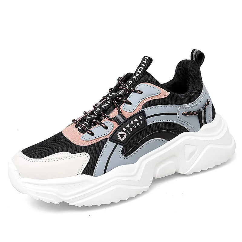 Women's white mesh casual sports shoes with thick PU soles and round toe design