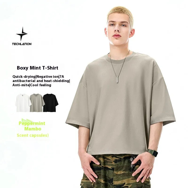 Men's sand grey loose fit short sleeve T-shirt showing cotton-polyester quick-dry fabric
