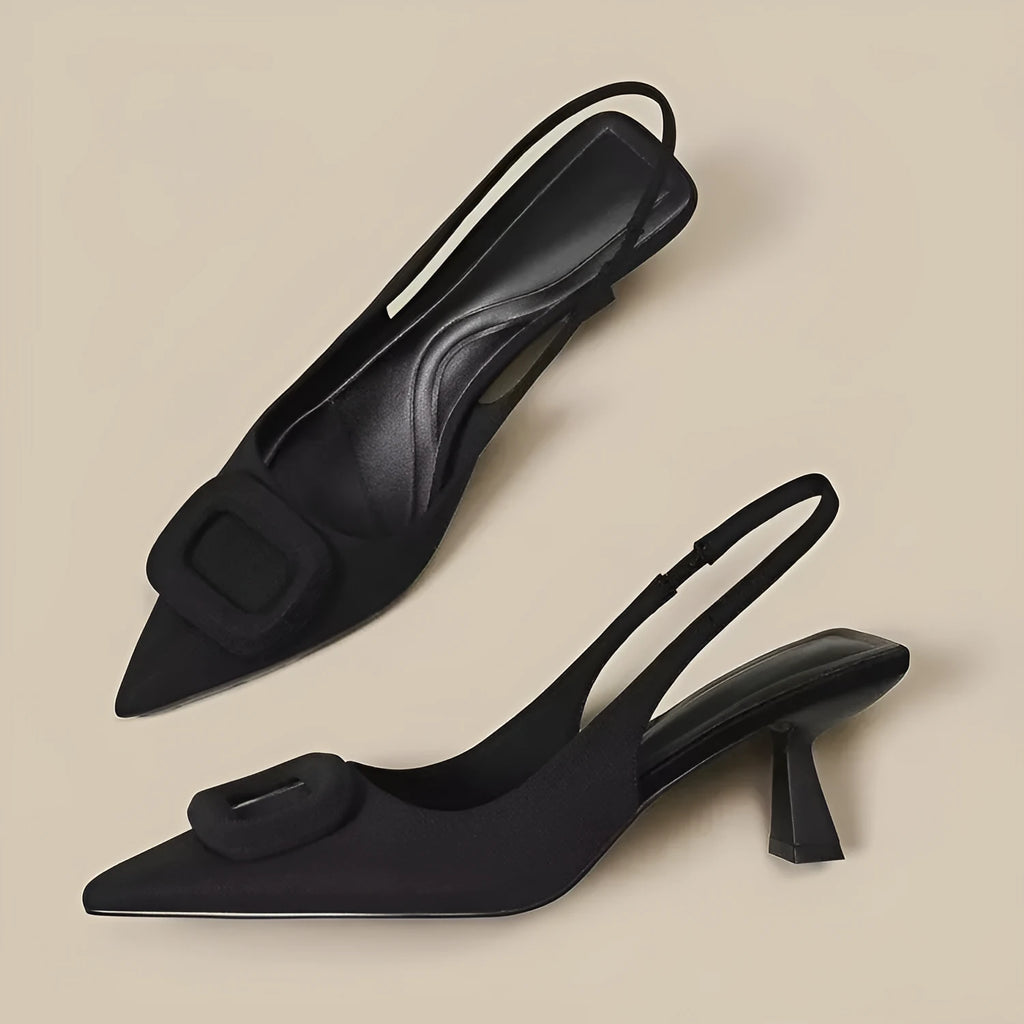 Pointed Toe Classy High Heels Women's French Square Buckle Dress Shoes Microfiber Rubber Commuting Work Heels Available in Black Cream White Silver Sizes 35-39
