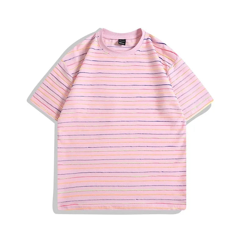 Colour striped loose fit cotton blend t-shirt with short sleeves and round neck collar in multiple colour options