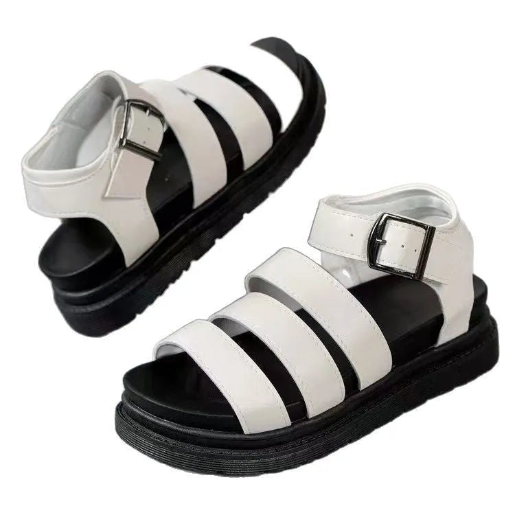 Black outdoor sandals with thick rubber sole, PU upper, and adjustable fish mouth toe holder with strap buckle.