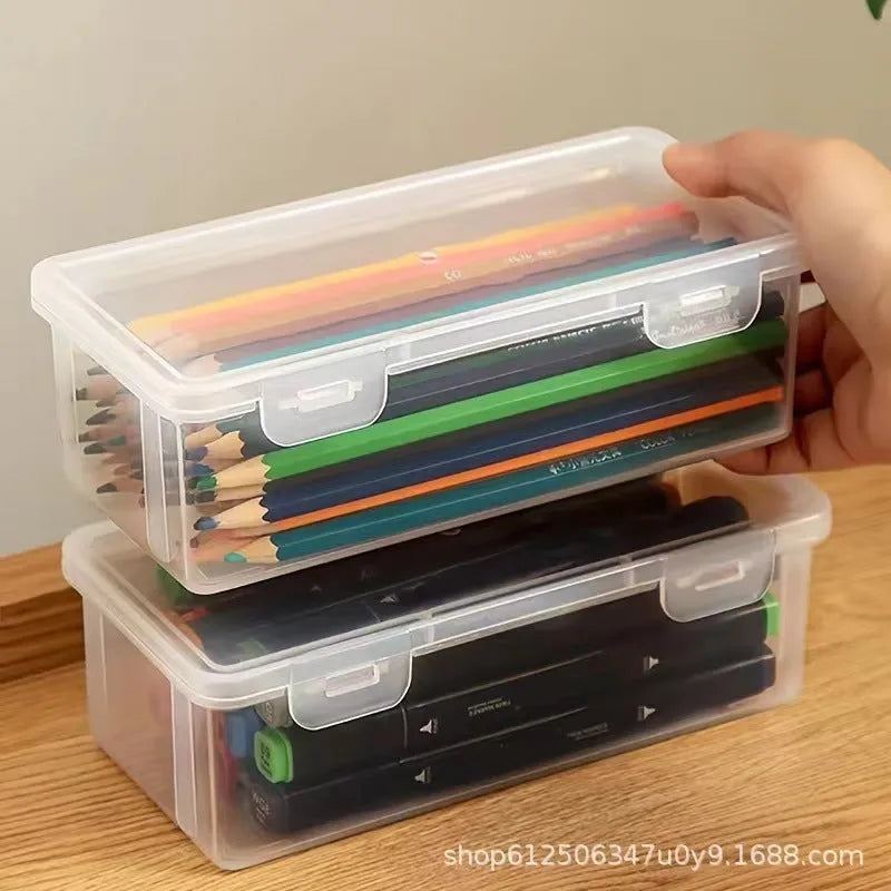 Clear plastic large capacity pencil storage box filled with coloured pencils and art supplies