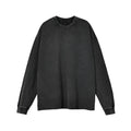 Black pure cotton washed retro long-sleeved T-shirt with loose fit and distressed details, front view