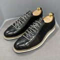 Men's handmade embossed pattern low-top casual shoes in green with front tie laces.
