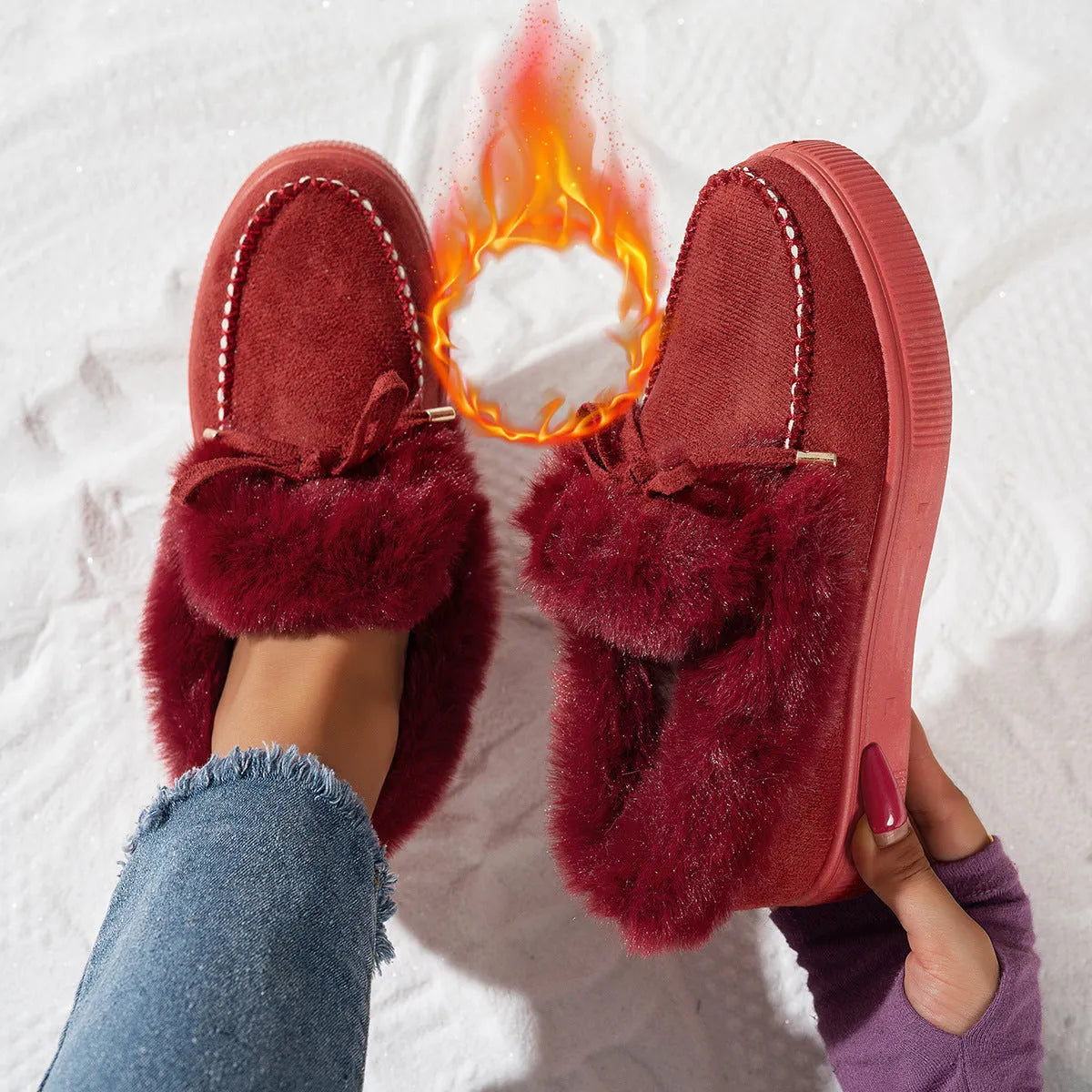 Plus size women's suede snow boots with thick platform sole and velvet padding, available in six colours including black and wine red