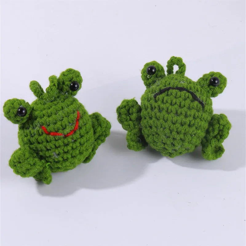 Handmade woven plush frog pendant for car interior in green, orange, grass green.