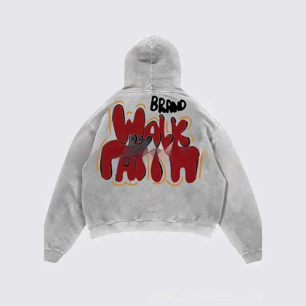 Granny grey women's hoodie with a vintage-style casual letter print and a front pocket.