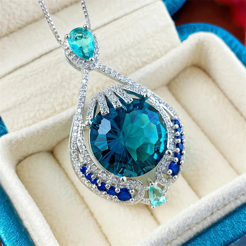 Geometric blue crystal pendant necklace on water wave chain for women