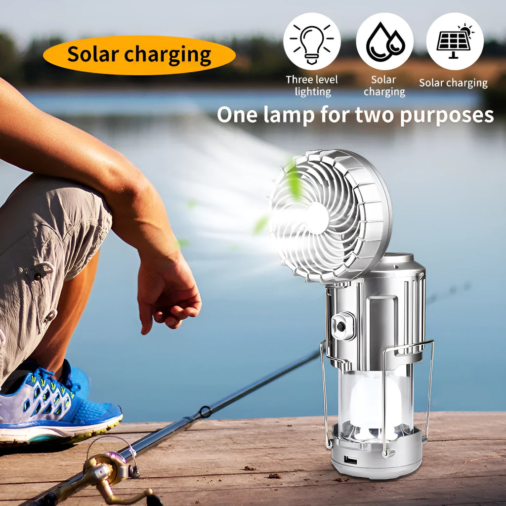 Solar powered ABS camping fan lantern with LED, waterproof casing, available in silver and gold