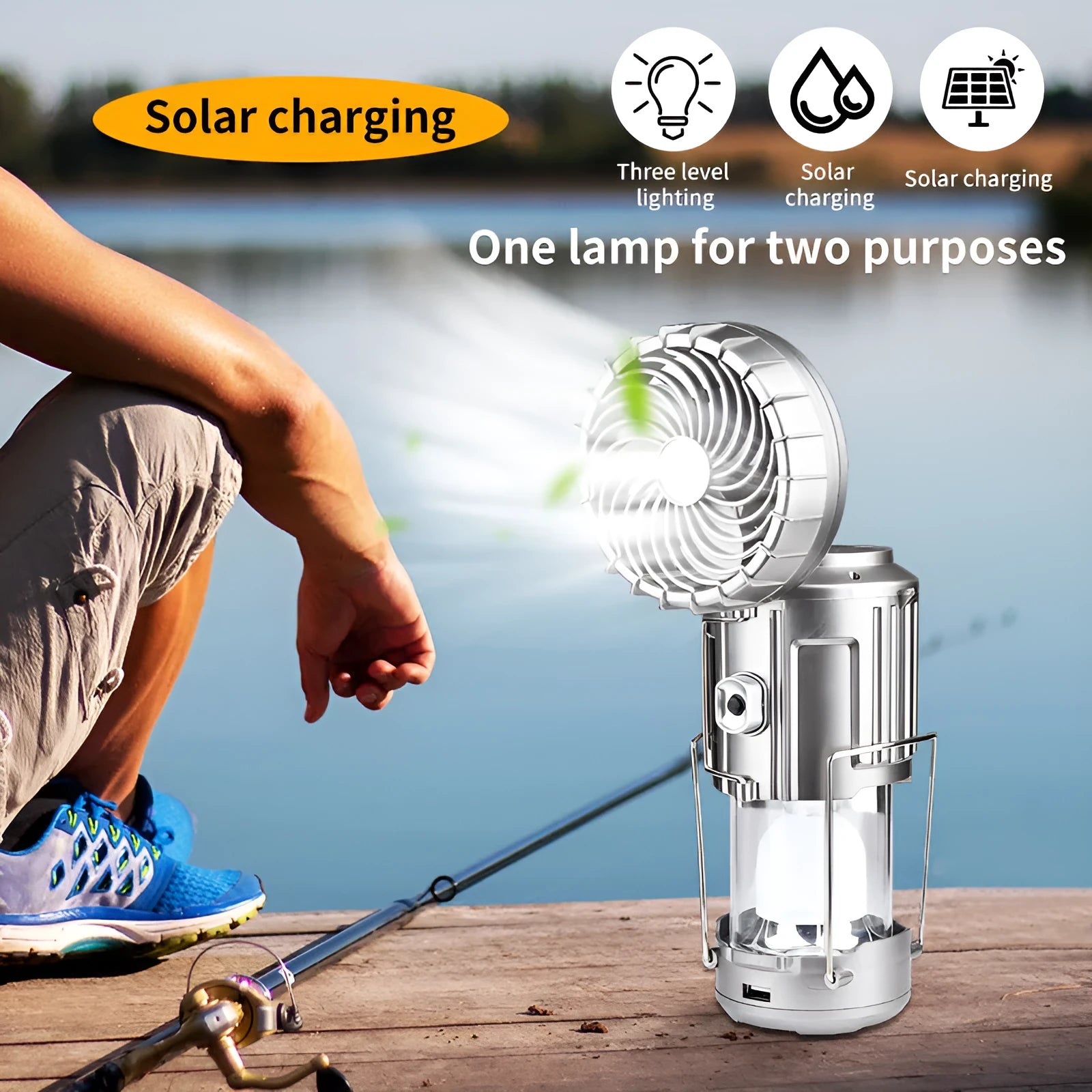 Solar powered ABS camping fan lantern with LED, waterproof casing, available in silver and gold