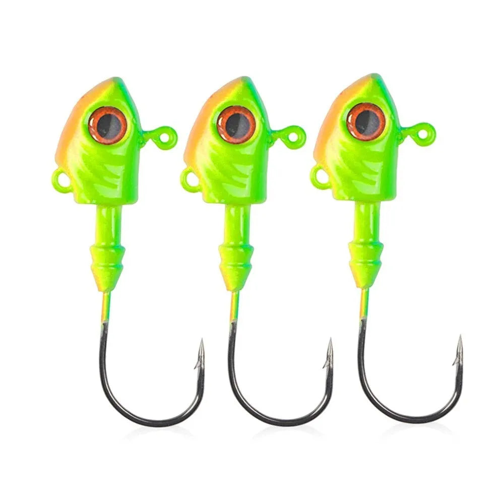 Yayu-shaped lead head fishing jig lure with barbed hook in blue, silver, and yellow colours.