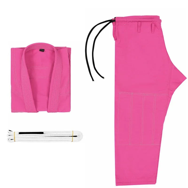 Brazilian Jiu-jitsu gi in cotton blend fabric showing Rose Red colour option with complete top and trousers