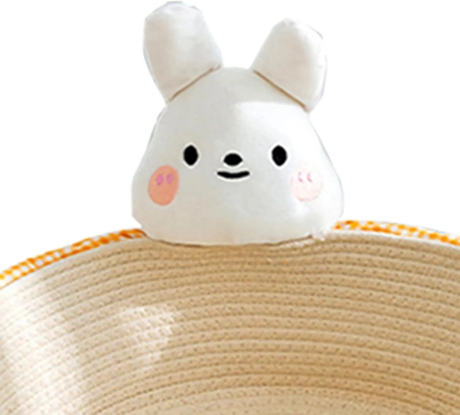 Woven cotton rope cat bed basket with scratching pad in bear design, shown next to a cat.