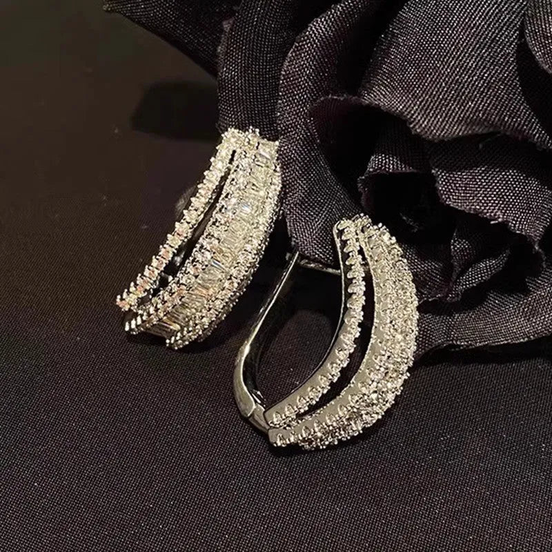 Geometric-shaped zircon stud earrings with white gold colour plating for women