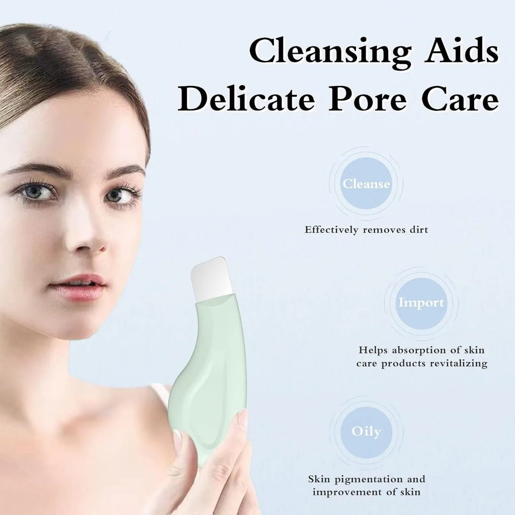 Stainless steel facial pore scraper and blackhead removal tool with a non-slip handle.