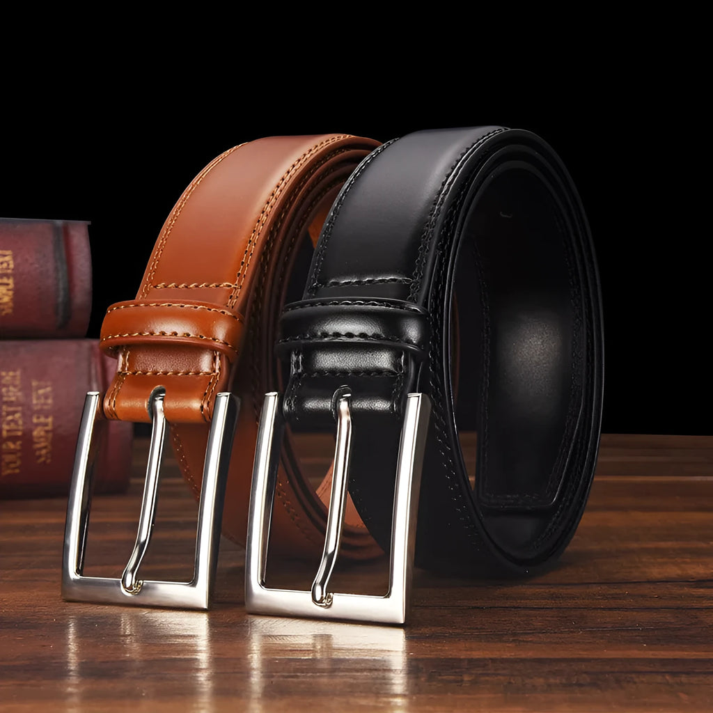 Men's genuine leather pin buckle belt in brown, showing the alloy buckle and belt length.
