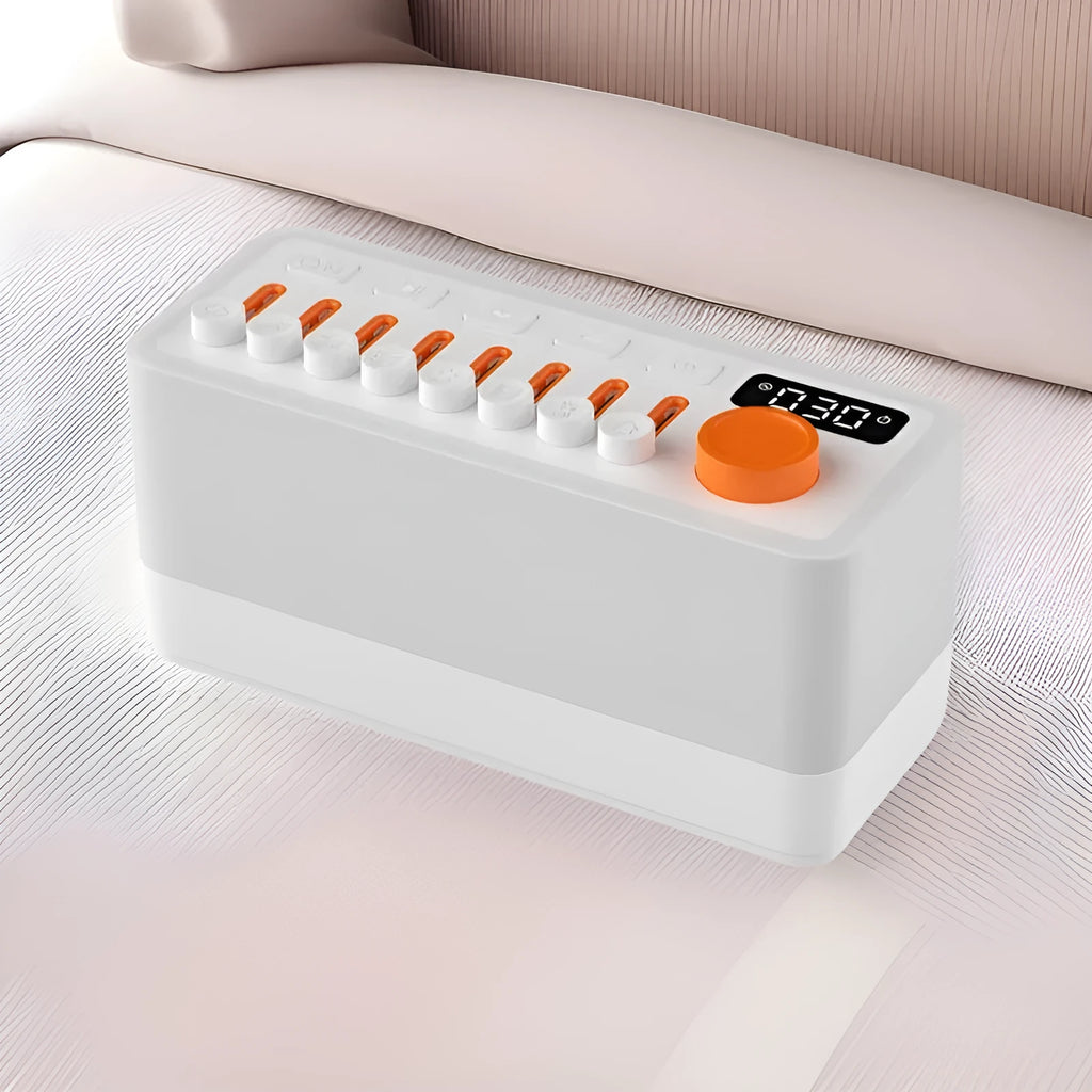 White DIY smart sleep speaker RGB colour small night lamp with alarm and call functions on a bedside table
