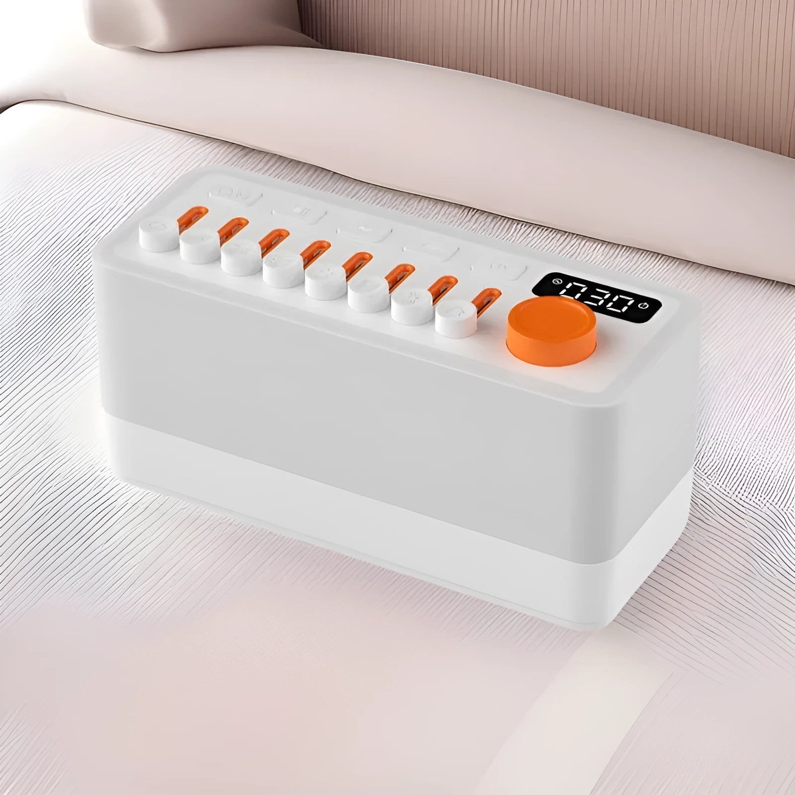 White DIY smart sleep speaker RGB colour small night lamp with alarm and call functions on a bedside table
