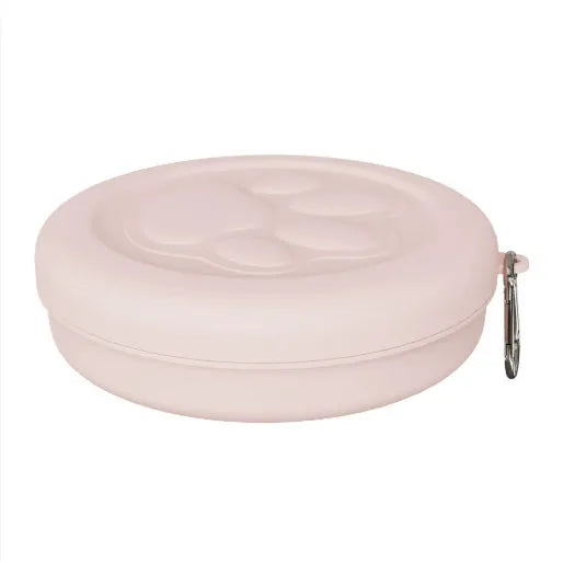 Portable two-piece dog food and water bowl in light green and pink colours, shown in large and small size options