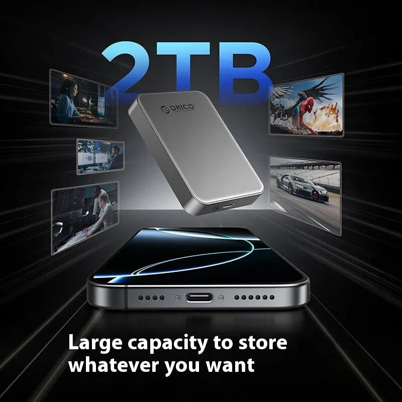 Grey magnetic mobile solid state drive with ultra-thin alloy plastic casing measuring 80x60mm
