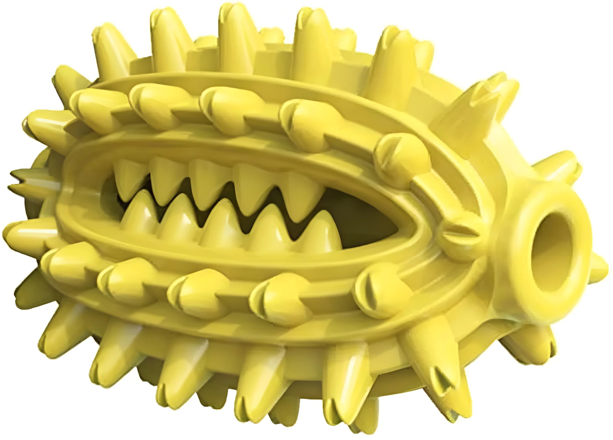 Green cactus-shaped dog chew toy with textured bumps and a central channel for dental care.