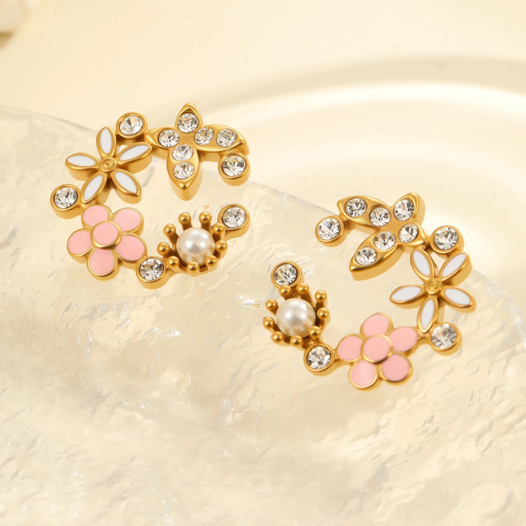 Colourful flower stud earrings with petal design on stainless steel with 18K electroplated finish