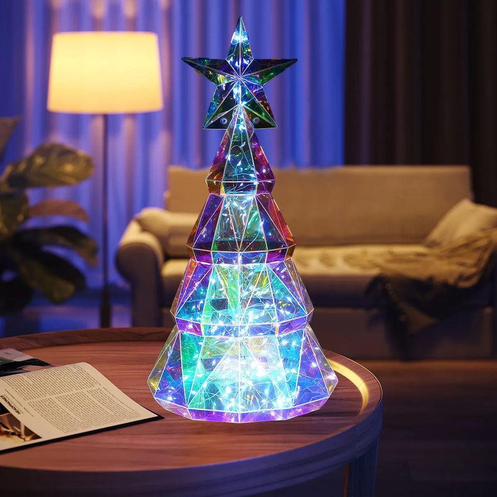 Colourful LED-lit Christmas tree decorative toy measuring 20cm tall with cartoon style