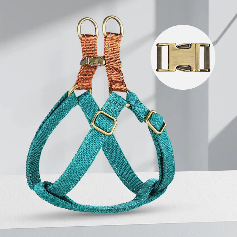 Brown vest-style dog lead with cotton and nylon construction and alloy fastener