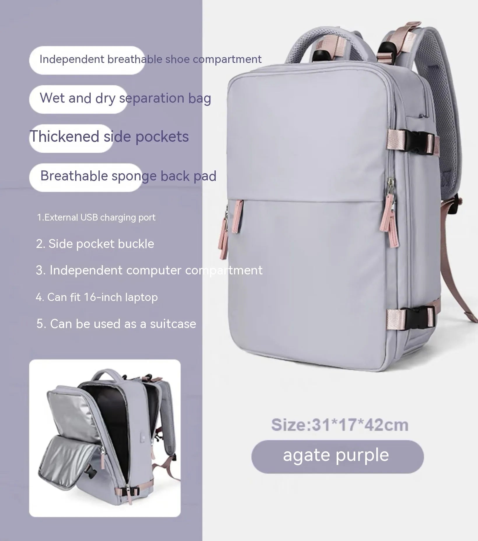 Large black nylon mummy-style travel backpack with a waterproof lining.