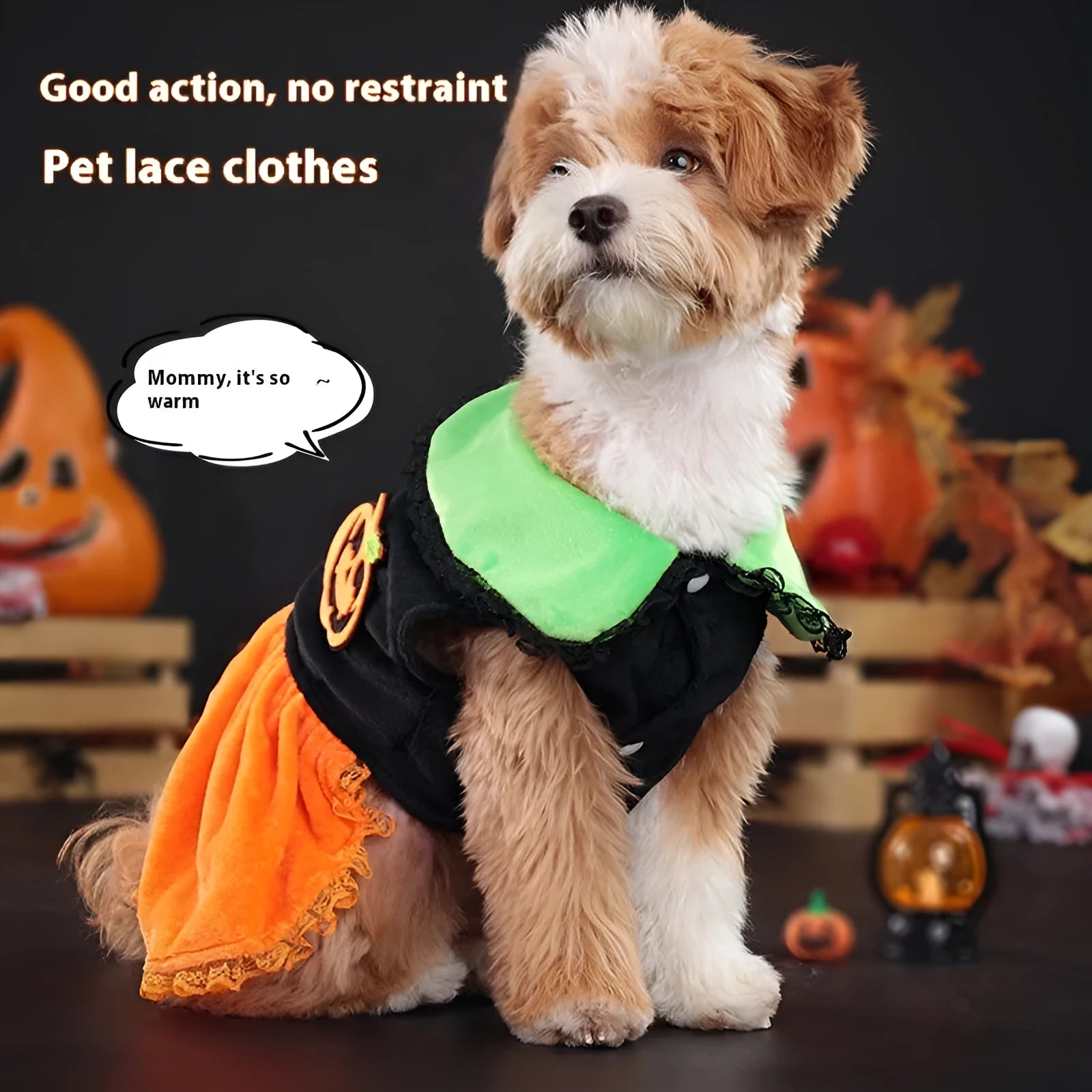 Crystal velvet pet costume with Halloween pumpkin skirt design for dogs and cats in various sizes