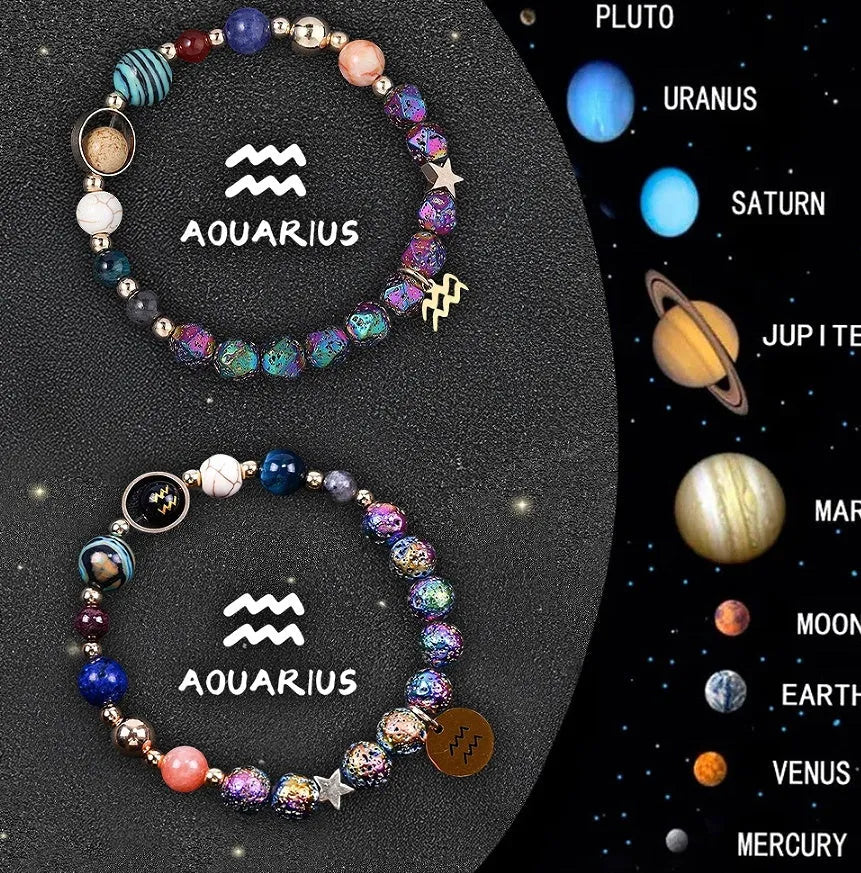 Two natural stone beaded bracelets with zodiac symbols on an adjustable cord.