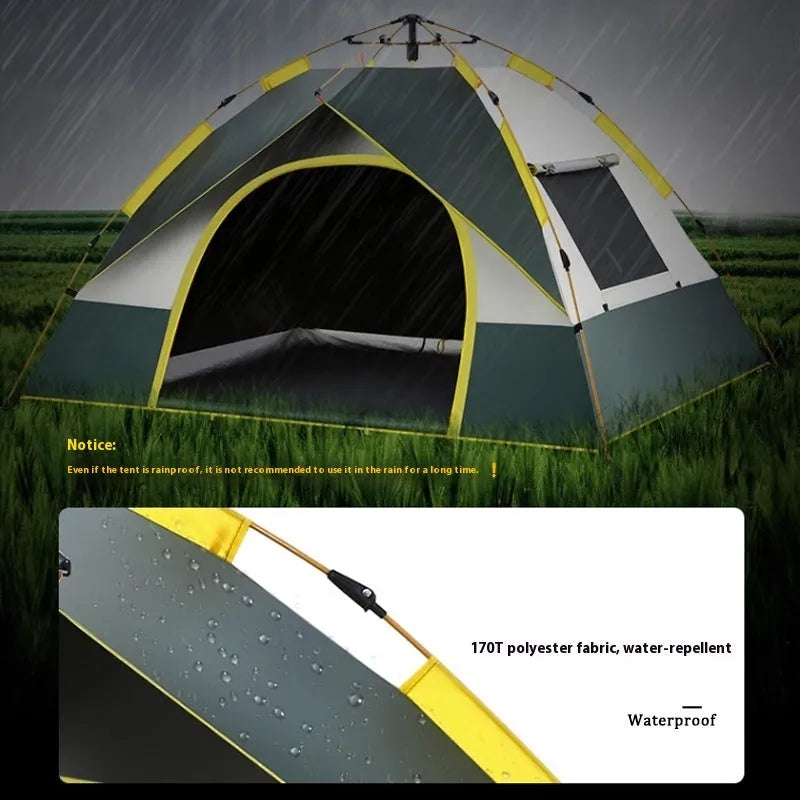 Dark green three to four person automatic quick-open camping tent with storage bag and accessories.