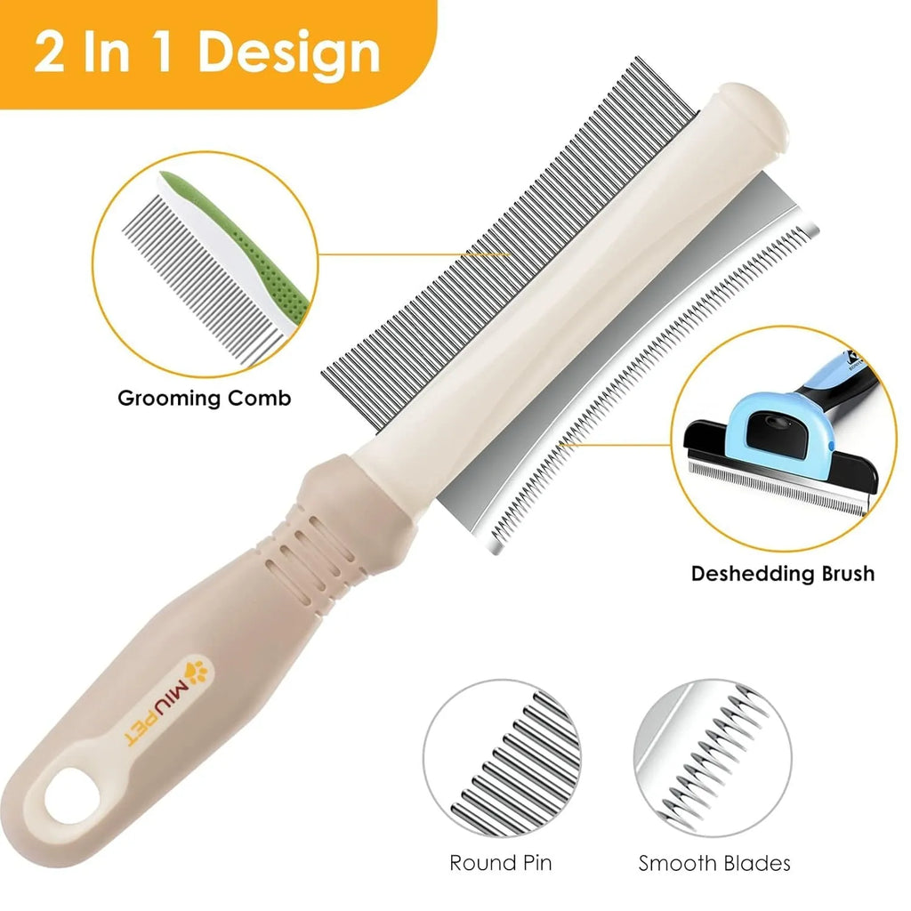 White double-sided pet grooming brush with deshedding and comb functions, curved design, ergonomic handle