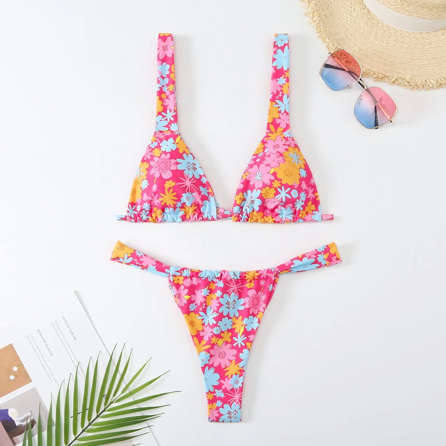 Women's floral print bikini swimsuit in blue, rose red, sky blue or white.