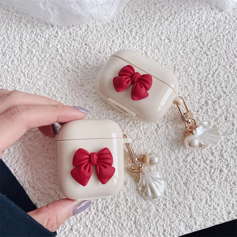 Beige red solid colour TPU protective case for AirPods wireless earphones with clamshell design