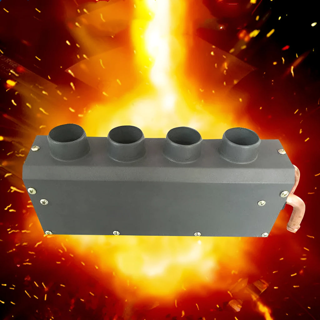 Metal car heater unit with four small copper pipe connectors for 12V/24V vehicle installation.