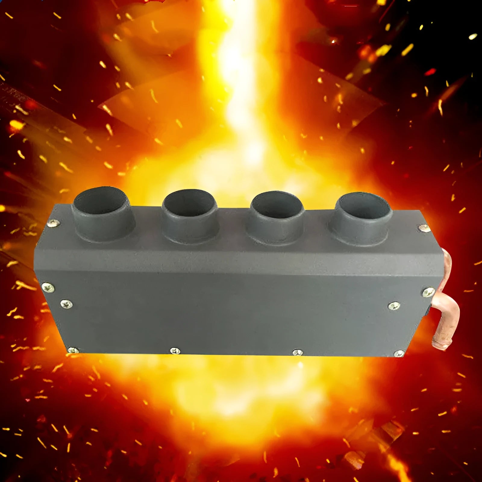 Metal car heater unit with four small copper pipe connectors for 12V/24V vehicle installation.