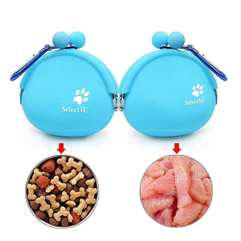 Yellow silicone dog treat pouch attached to waist belt for hands-free training