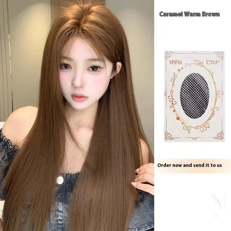 Warm brown long straight synthetic lace front wig with a centre part and side-swept bangs.