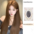 Warm brown long straight synthetic lace front wig with a centre part and side-swept bangs.