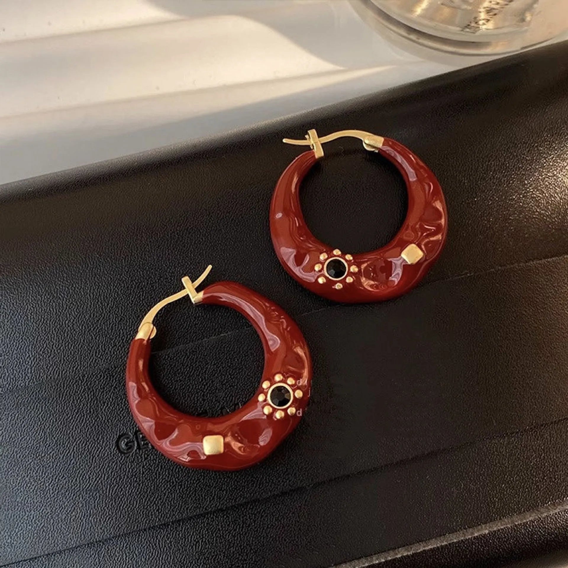 Hong Kong style retro alloy ear studs with rhinestone inlays and hand-dripped oil glossy finish