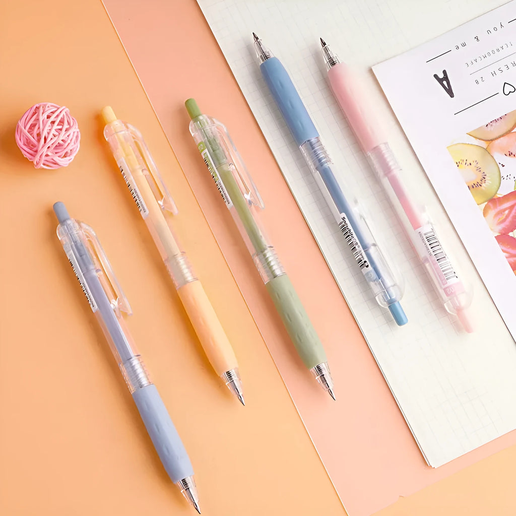 Pack of 12 gel pens with black ink and 0.5mm bullet tip in assorted colours on white background