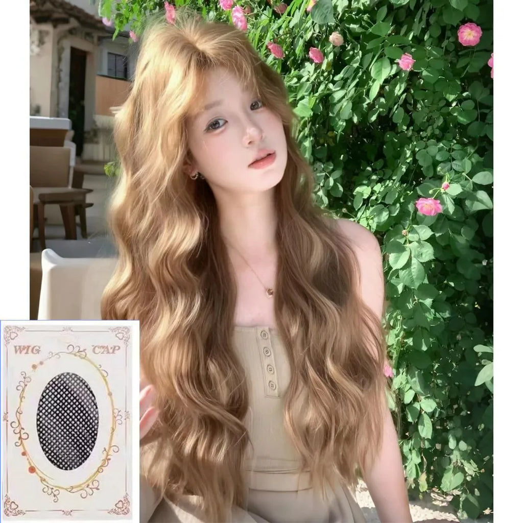 Linen brown medium long curly synthetic wig with hair net on display